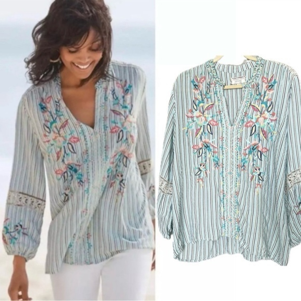 Johnny Was Workshop Green Lais Paris Embroidered Long Sleeve Blouse M